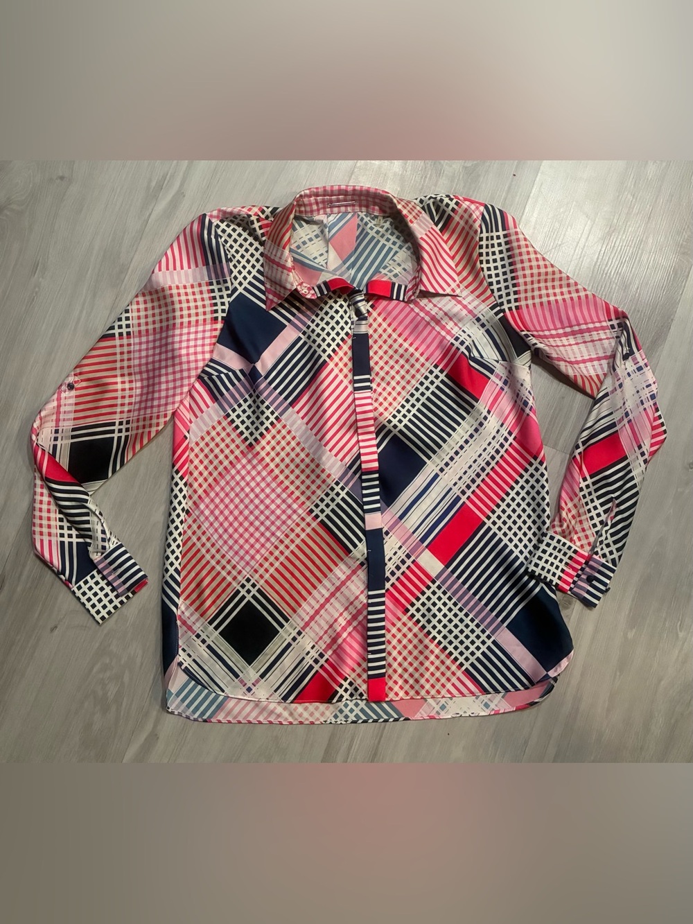 Elie Tahari Pink and Blue Mixed-Print‎ Blouse with Gingham Collar